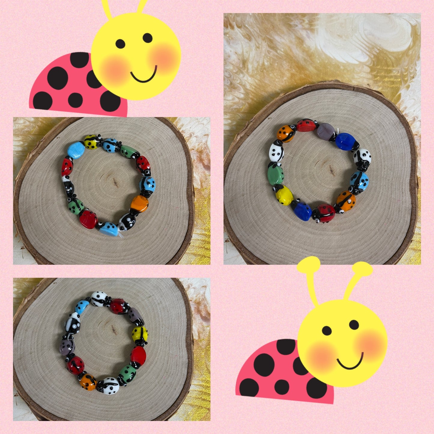 Multi-colored Glass Ladybug Beaded Elastic BraceletPink tiful of LOVE