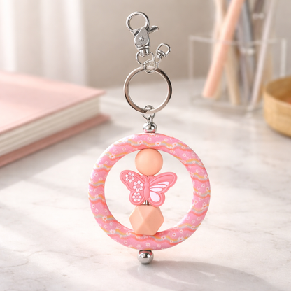 Pink Butterfly Silicone Bead Keychain – Floral Ring Wristlet Style Charm