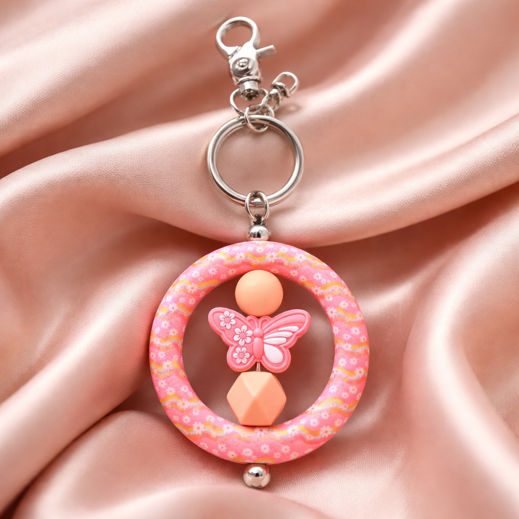 Pink Butterfly Silicone Bead Keychain – Floral Ring Wristlet Style Charm