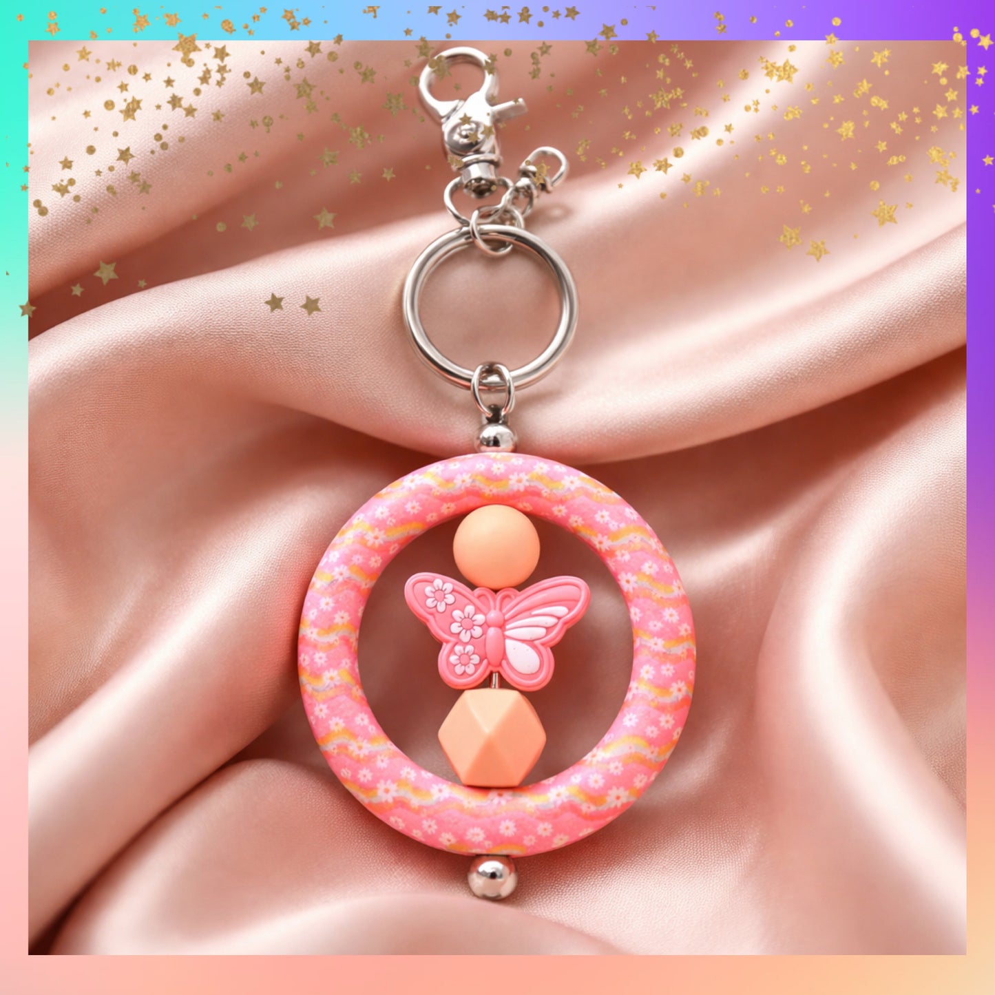 Pink Butterfly Silicone Bead Keychain – Floral Ring Wristlet Style Charm