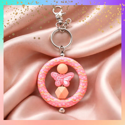 Pink Butterfly Silicone Bead Keychain – Floral Ring Wristlet Style Charm