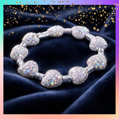 White Rhinestone Heart Stretch Bracelet – Sparkly Clear Beaded Statement Jewelry