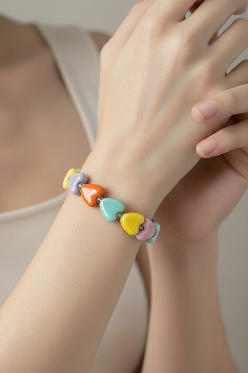 Multicolor Ceramic Heart Stretch Bracelet – Glazed Beaded Rainbow Jewelry
