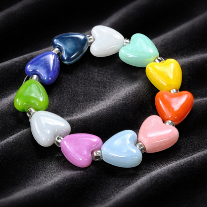 Multicolor Ceramic Heart Stretch Bracelet – Glazed Beaded Rainbow Jewelry