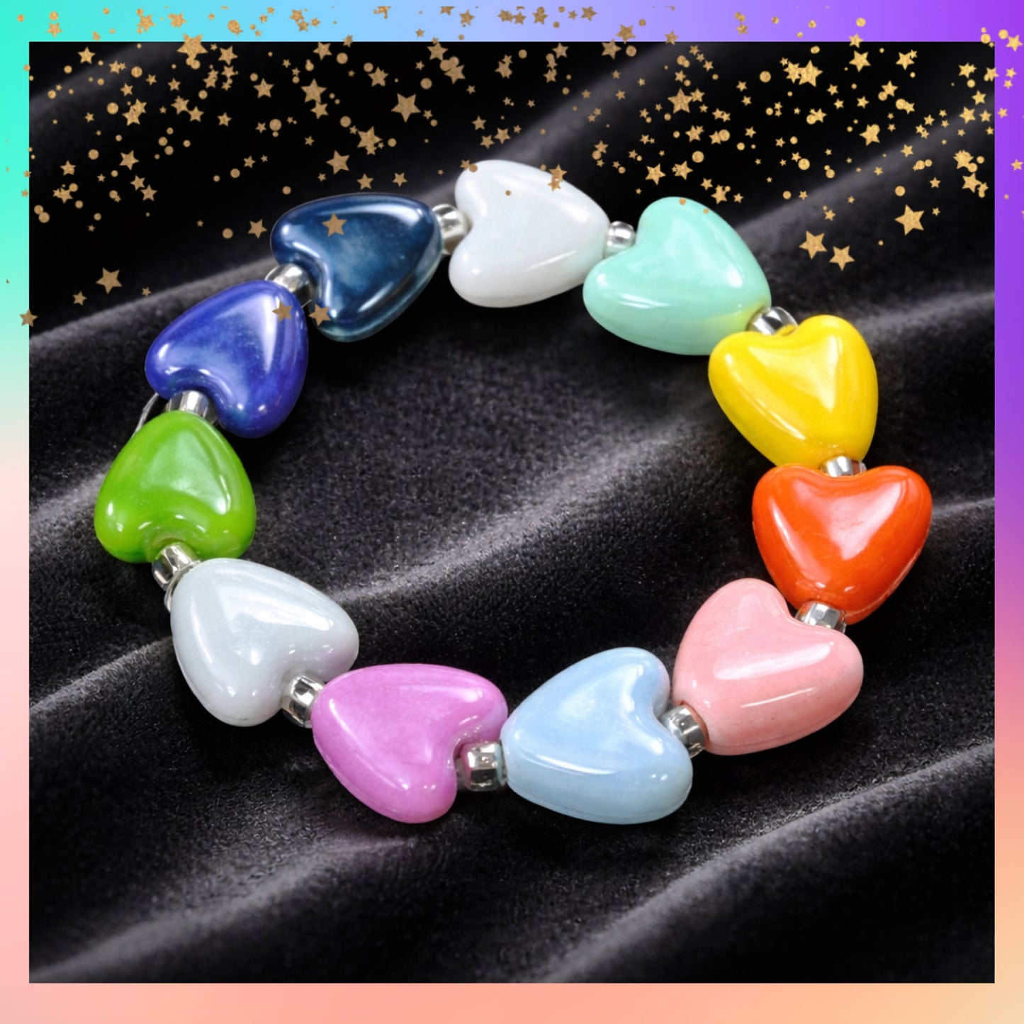 Multicolor Ceramic Heart Stretch Bracelet – Glazed Beaded Rainbow Jewelry