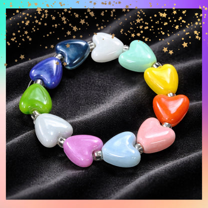 Multicolor Ceramic Heart Stretch Bracelet – Glazed Beaded Rainbow Jewelry