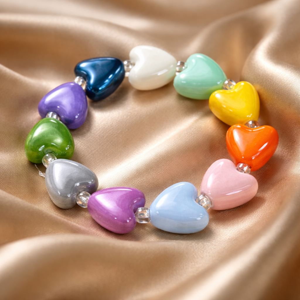 Multicolor Ceramic Heart Stretch Bracelet – Glazed Beaded Rainbow Jewelry