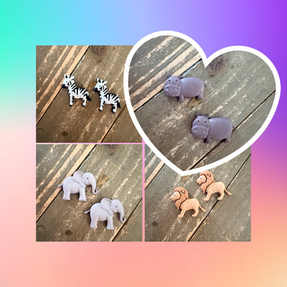 Zoo Cuties Stud Earrings – Zebra, Elephant, Hippo, or Lion