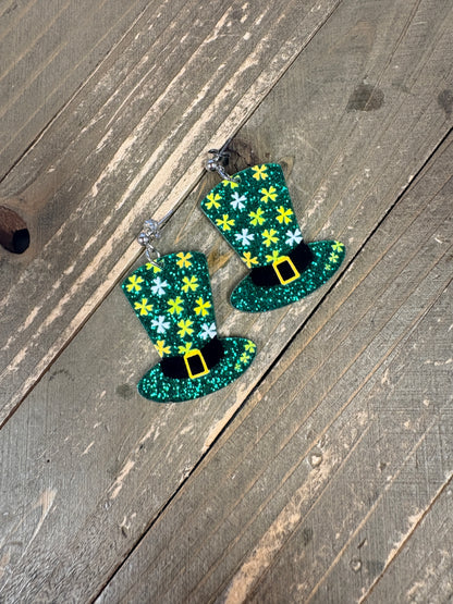 Glitter Leprechaun Hat Drop Earrings – St. Patrick’s Day Acrylic Ball Post Earrings