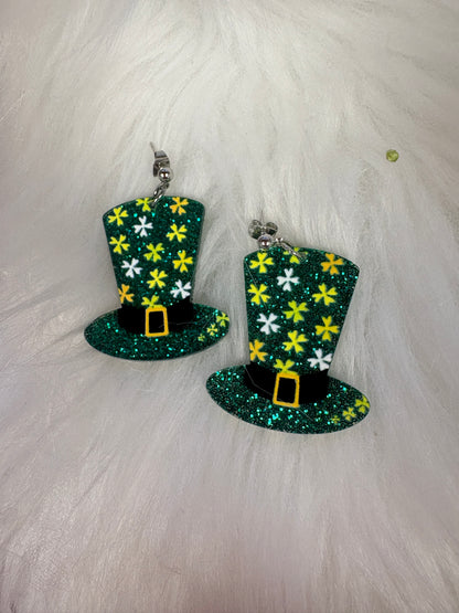 Glitter Leprechaun Hat Drop Earrings – St. Patrick’s Day Acrylic Ball Post Earrings