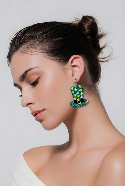 Glitter Leprechaun Hat Drop Earrings – St. Patrick’s Day Acrylic Ball Post Earrings