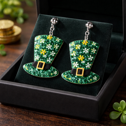Glitter Leprechaun Hat Drop Earrings – St. Patrick’s Day Acrylic Ball Post Earrings