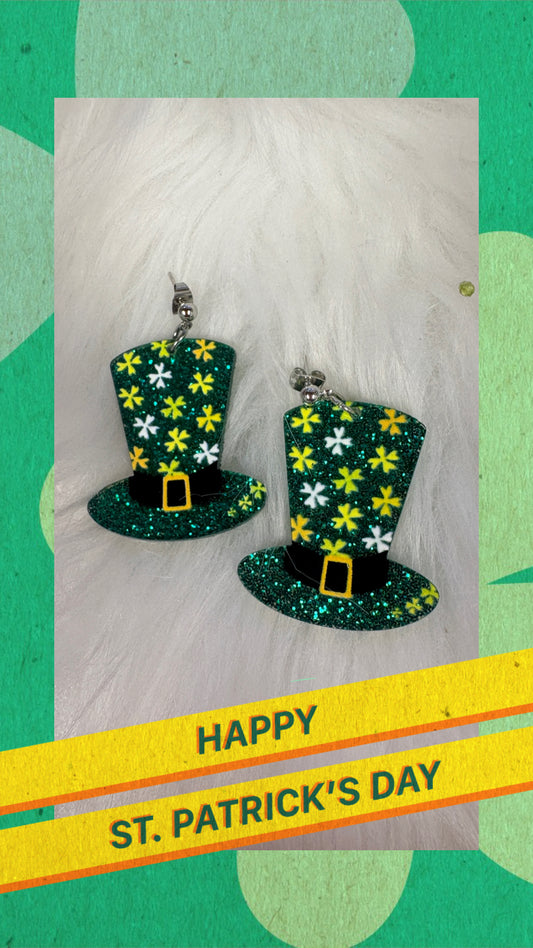 Glitter Leprechaun Hat Drop Earrings – St. Patrick’s Day Acrylic Ball Post Earrings