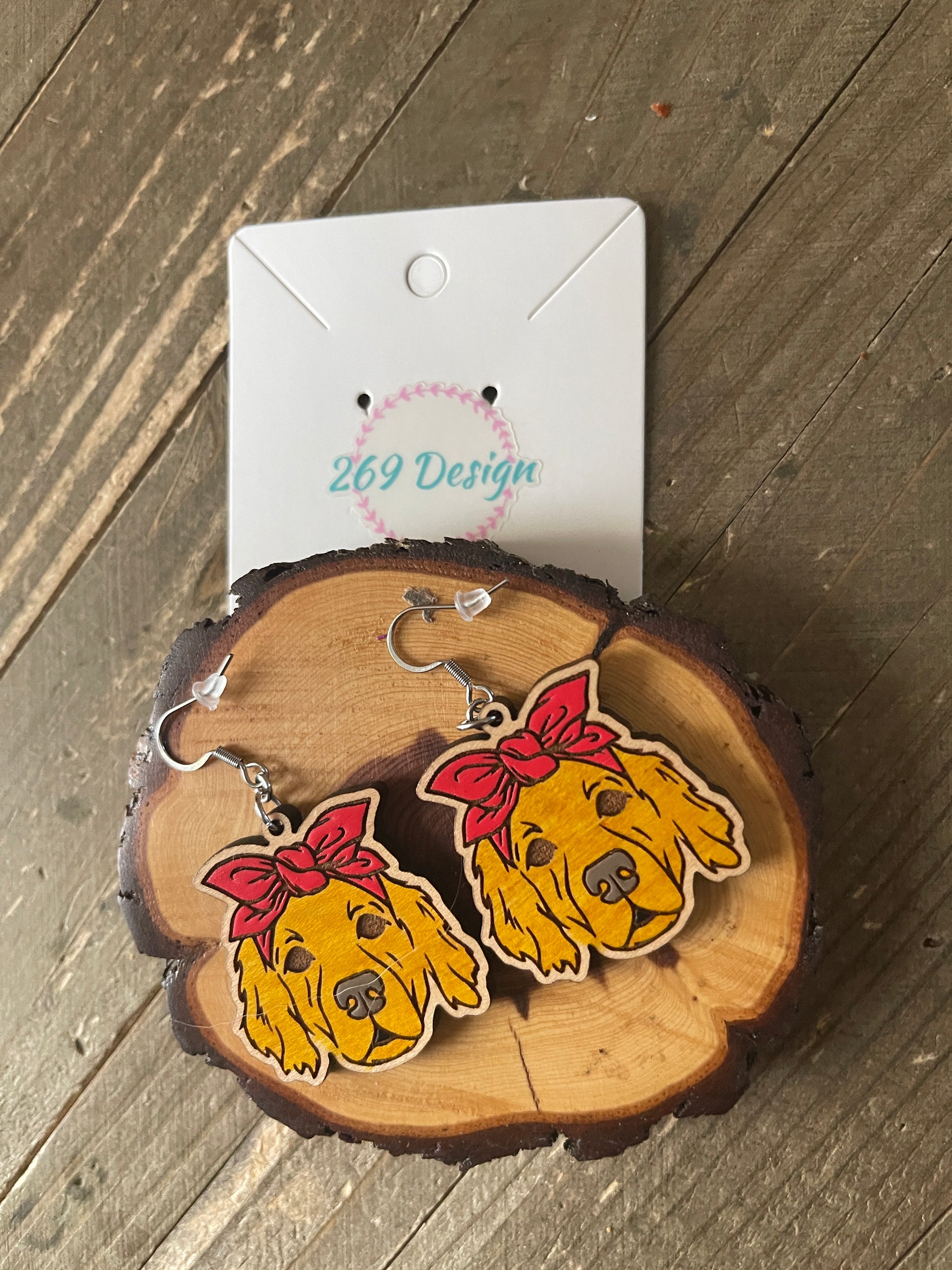 Golden Retriever Bandana Wooden Wire EarringsPink tiful of LOVE