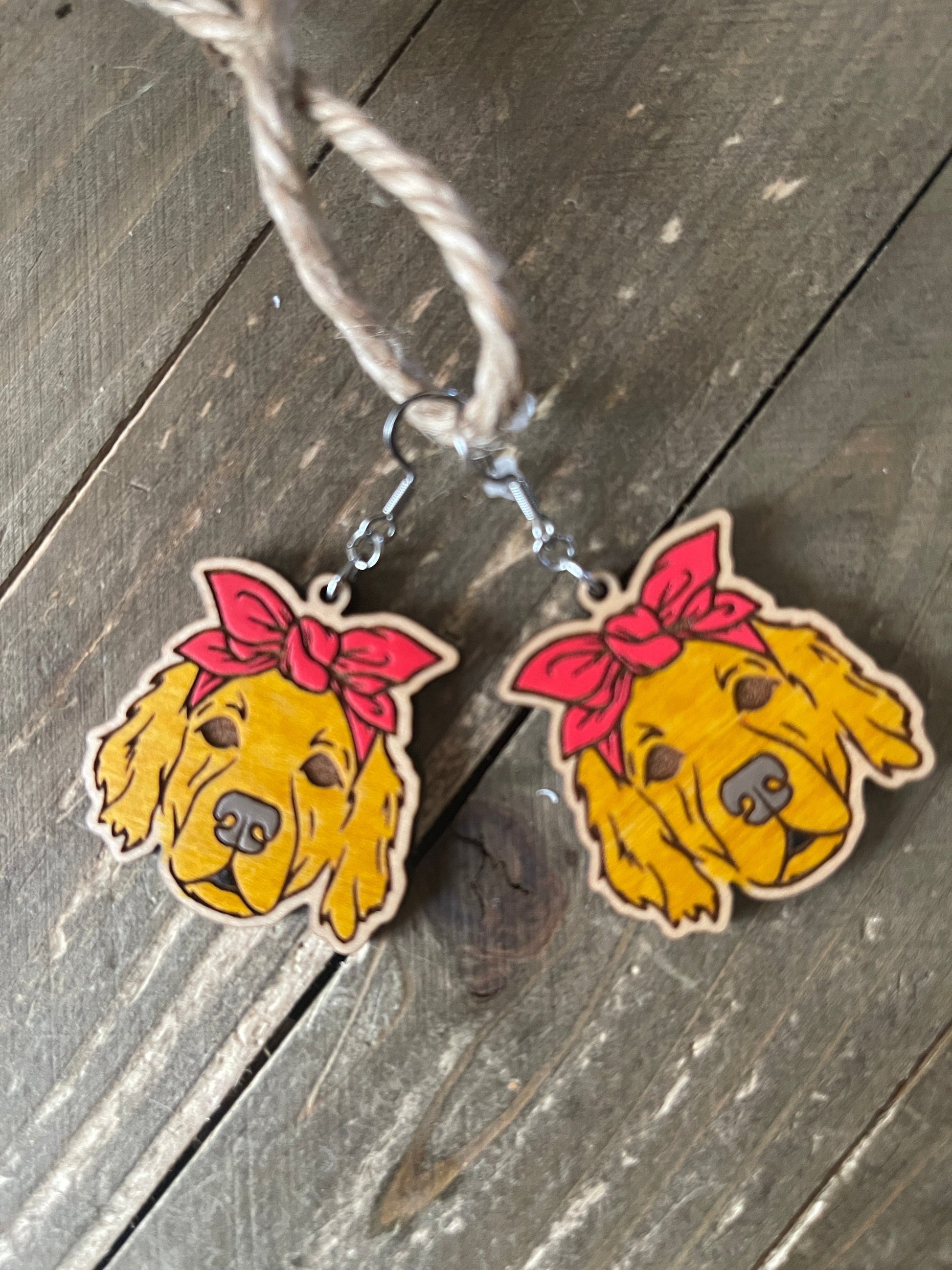Golden Retriever Bandana Wooden Wire EarringsPink tiful of LOVE