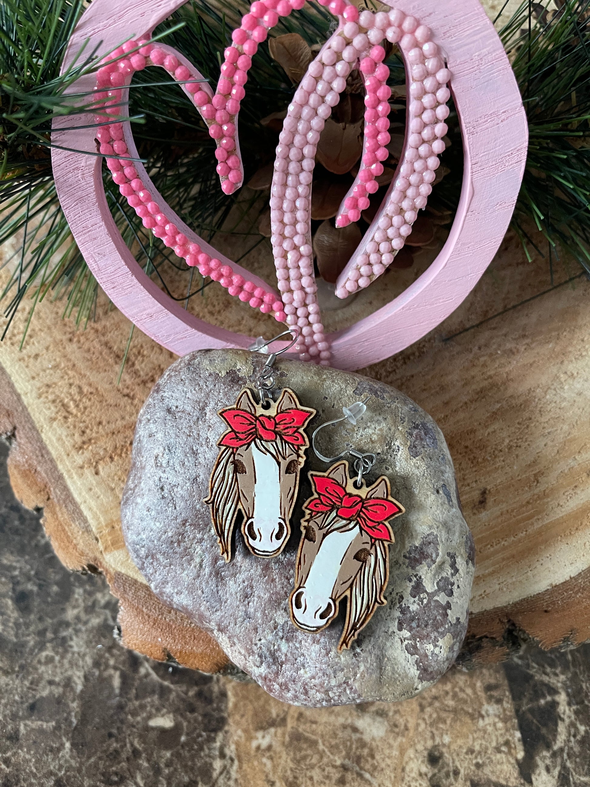Horse Bandana Wooden Wire EarringsPink tiful of LOVE