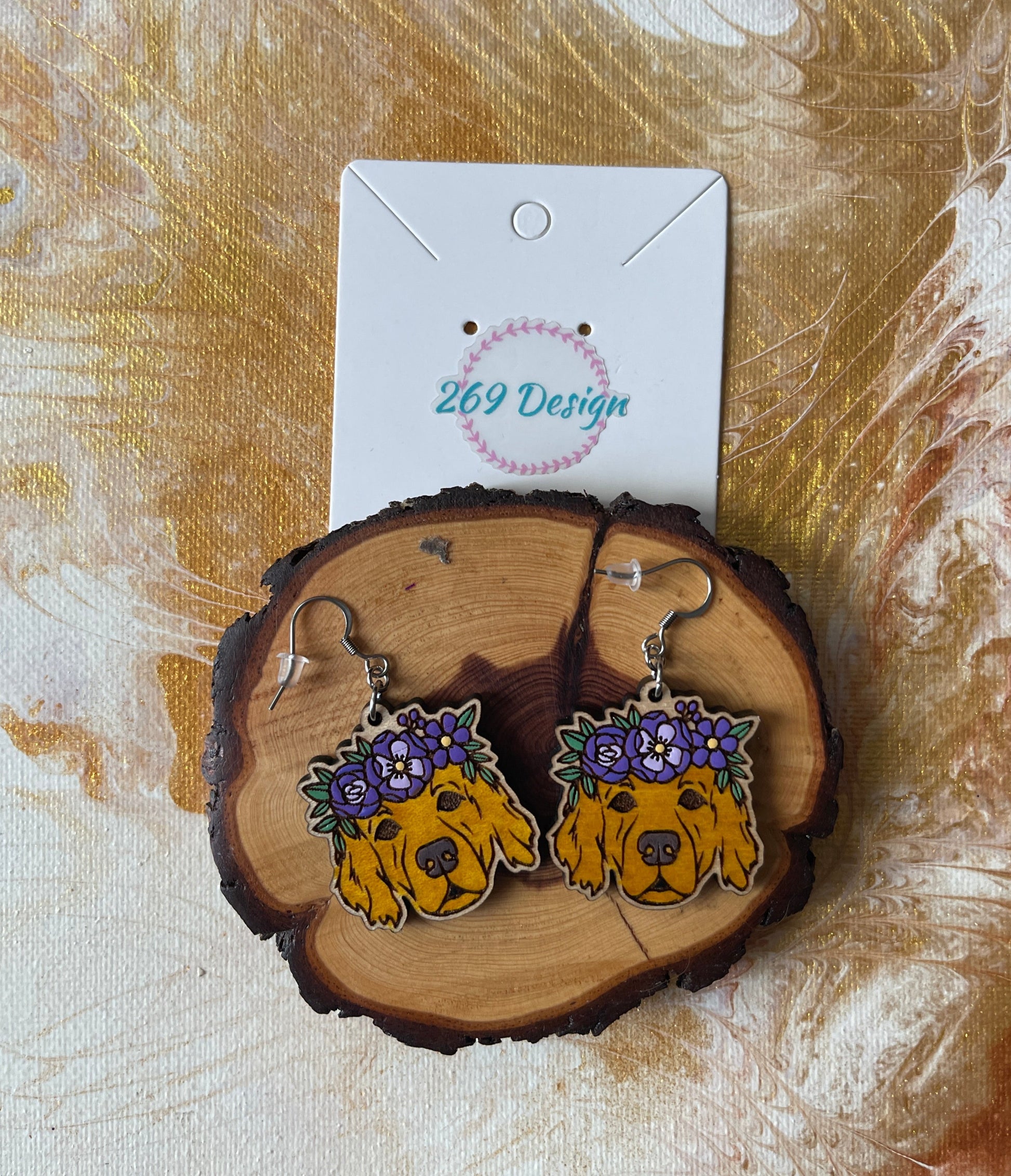 Golden Retriever with Flower Crown Wooden Wire EarringsPink tiful of LOVE