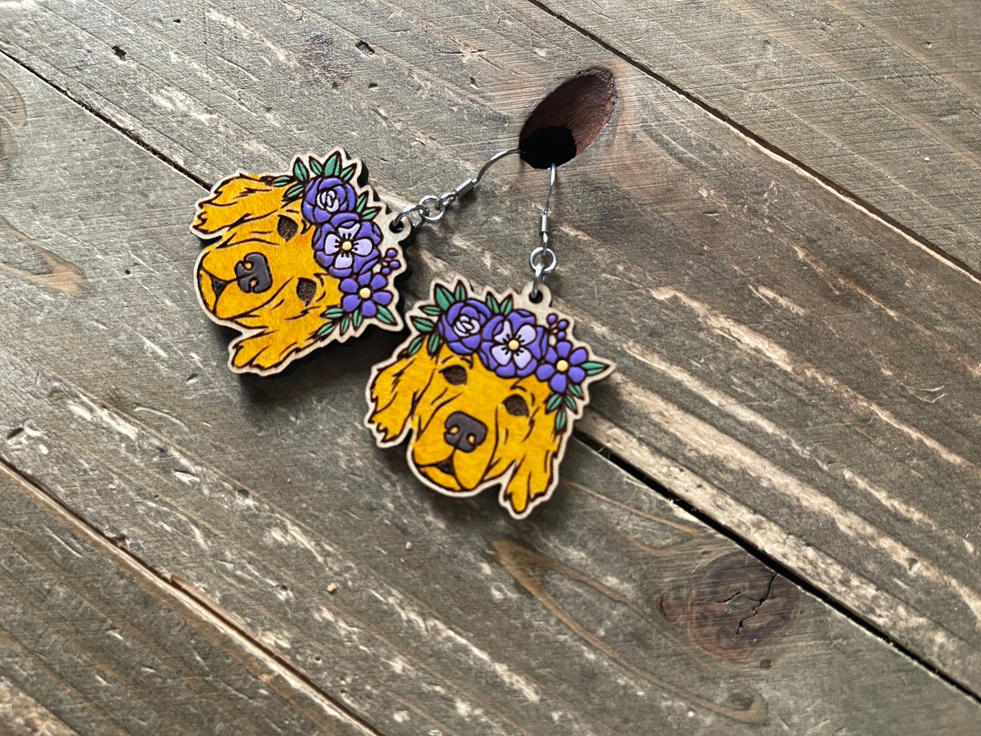 Golden Retriever with Flower Crown Wooden Wire EarringsPink tiful of LOVE
