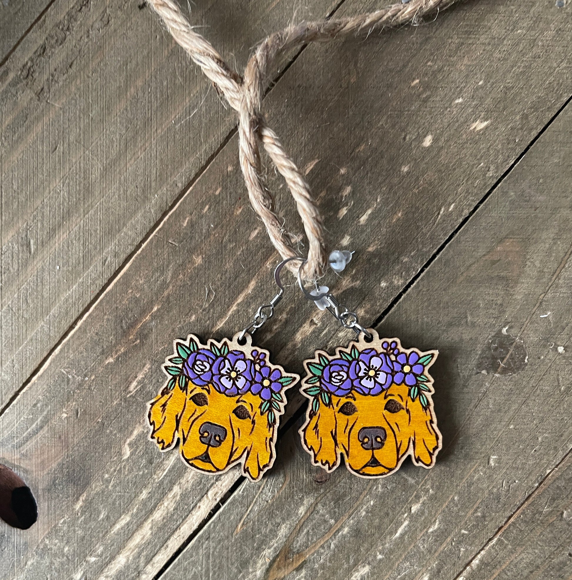Golden Retriever with Flower Crown Wooden Wire EarringsPink tiful of LOVE