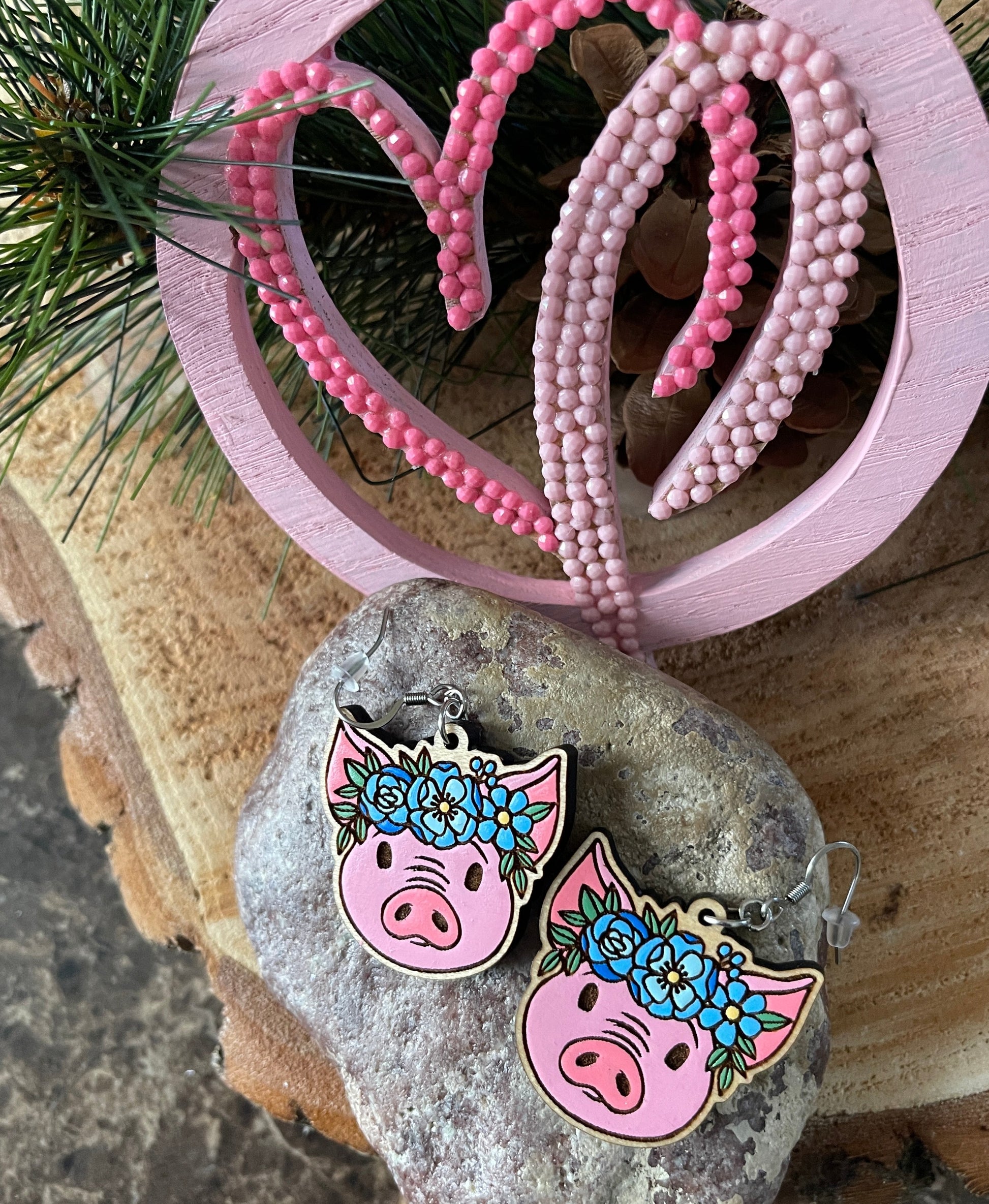 Pig with Flower Crown Wooden Wire EarringsPink tiful of LOVE