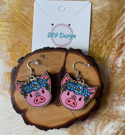 Pig with Flower Crown Wooden Wire EarringsPink tiful of LOVE