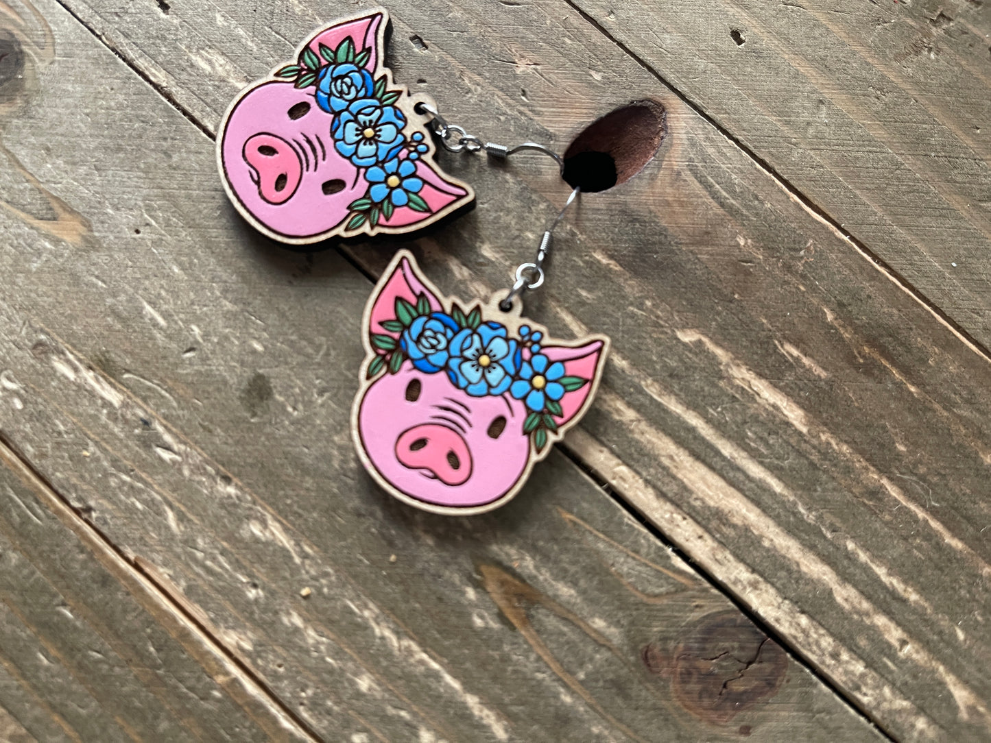 Pig with Flower Crown Wooden Wire EarringsPink tiful of LOVE