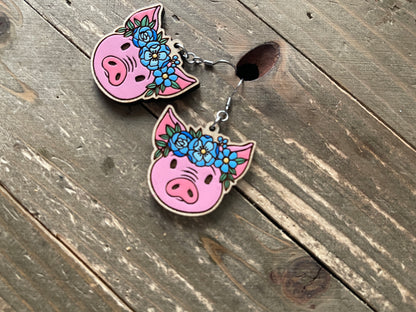 Pig with Flower Crown Wooden Wire EarringsPink tiful of LOVE