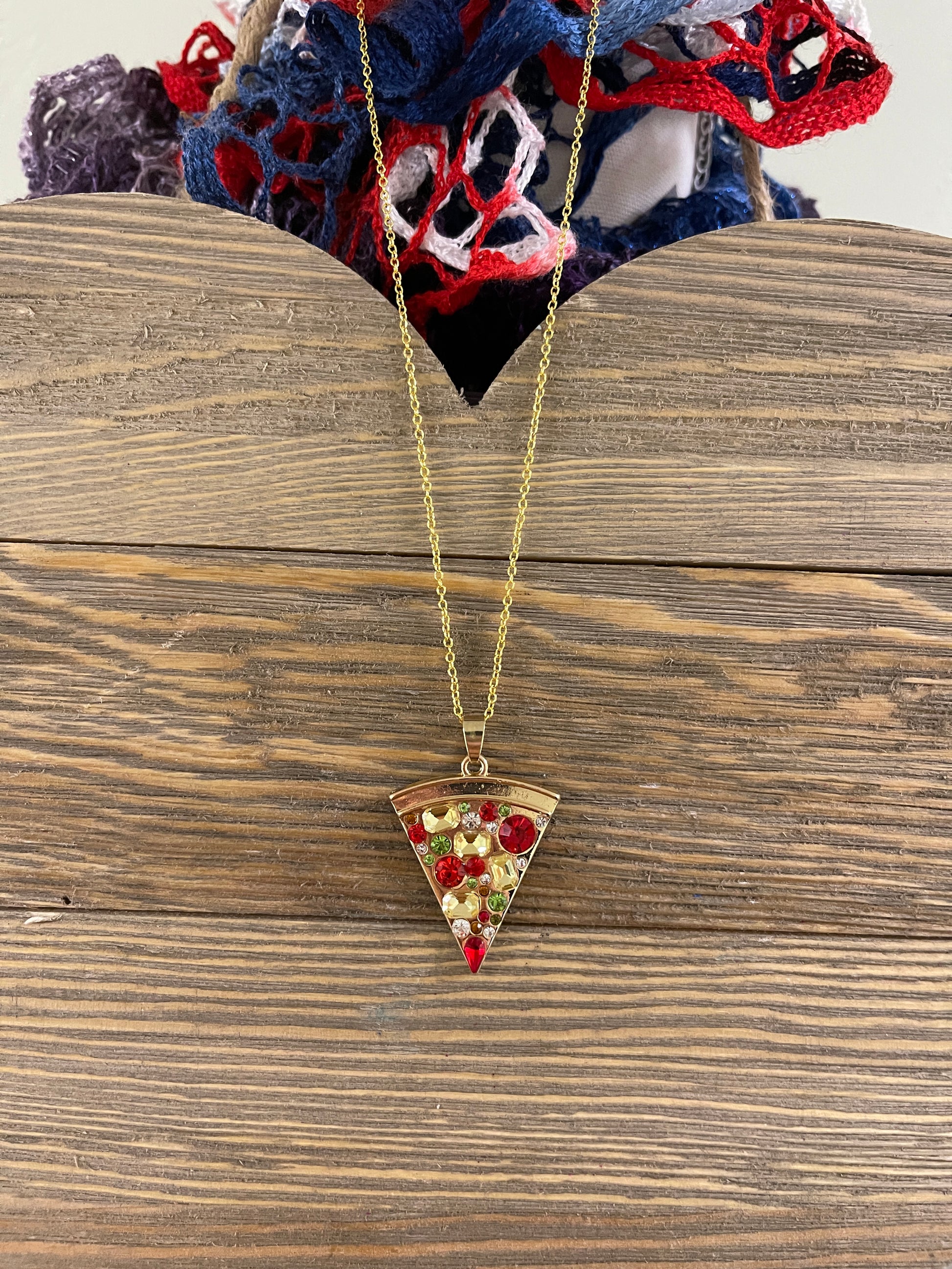 Pizza Rhinestone Pendant on a Gold chain NecklacePink tiful of LOVE