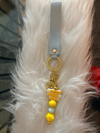 Good Vibes Only Beaded Keychain – Silicone Bead Wristlet Charm with Gold Hardware