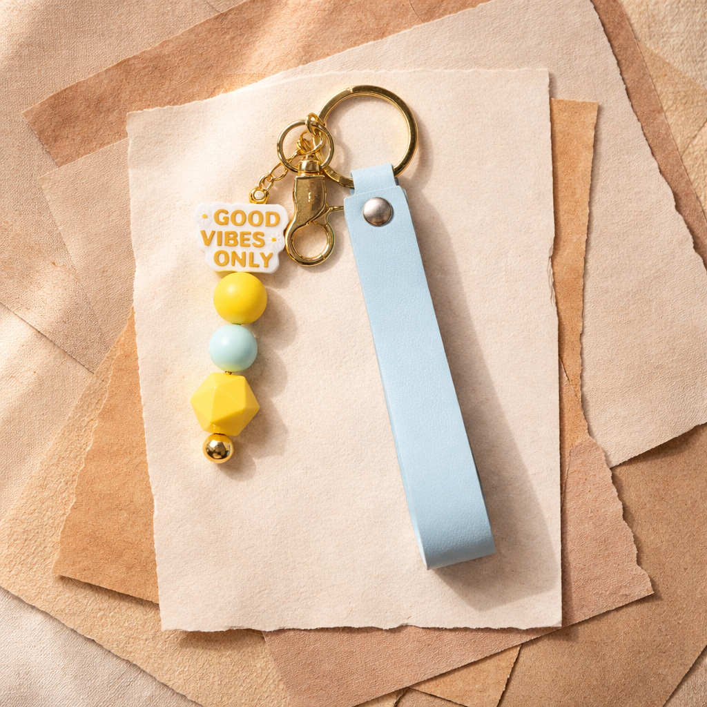 Good Vibes Only Beaded Keychain – Silicone Bead Wristlet Charm with Gold Hardware