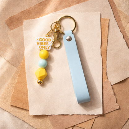 Good Vibes Only Beaded Keychain – Silicone Bead Wristlet Charm with Gold Hardware