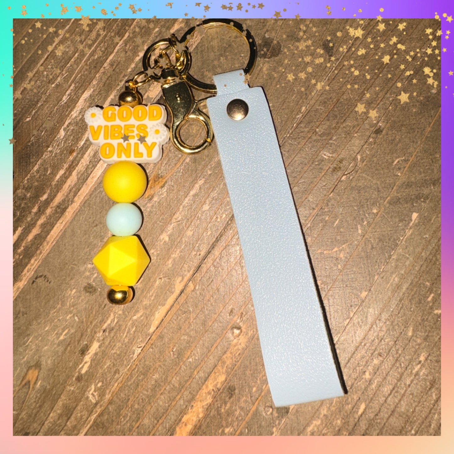 Good Vibes Only Beaded Keychain – Silicone Bead Wristlet Charm with Gold Hardware