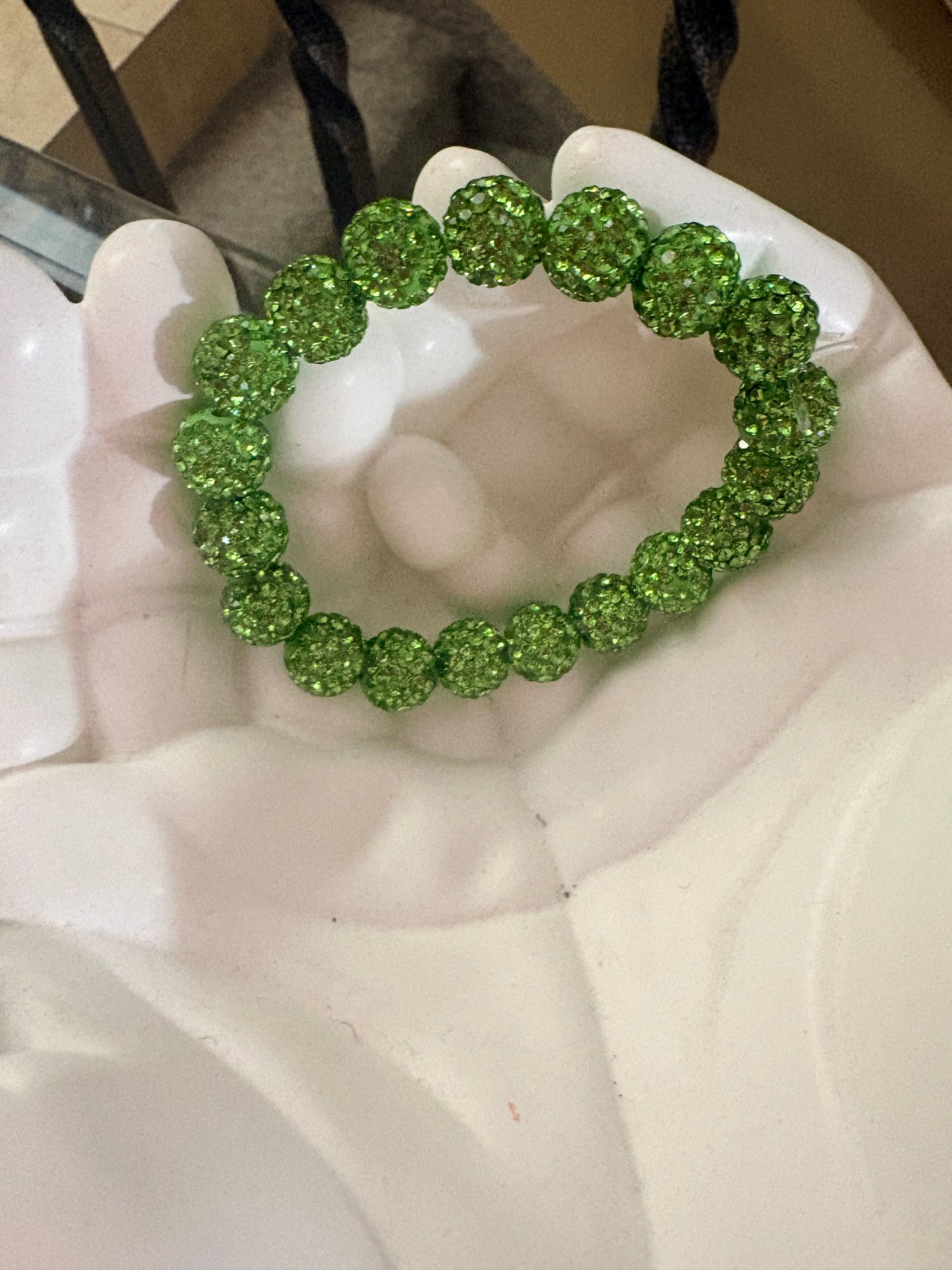Sparkly Peridot Rhinestone Stretch Bracelet – Green Bling Beaded Bracelet