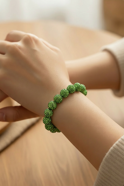 Sparkly Peridot Rhinestone Stretch Bracelet – Green Bling Beaded Bracelet