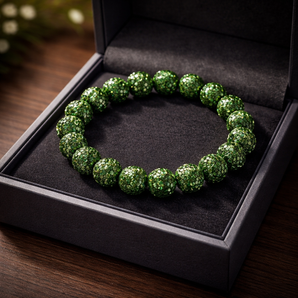 Sparkly Peridot Rhinestone Stretch Bracelet – Green Bling Beaded Bracelet