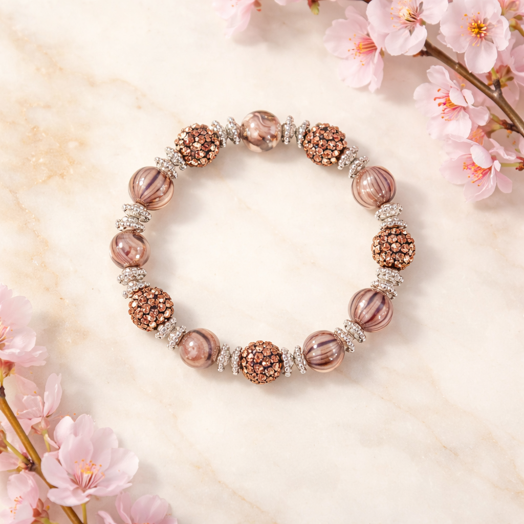 Brown Swirl Acrylic & Shambala beaded Bracelet – Sparkly Statement