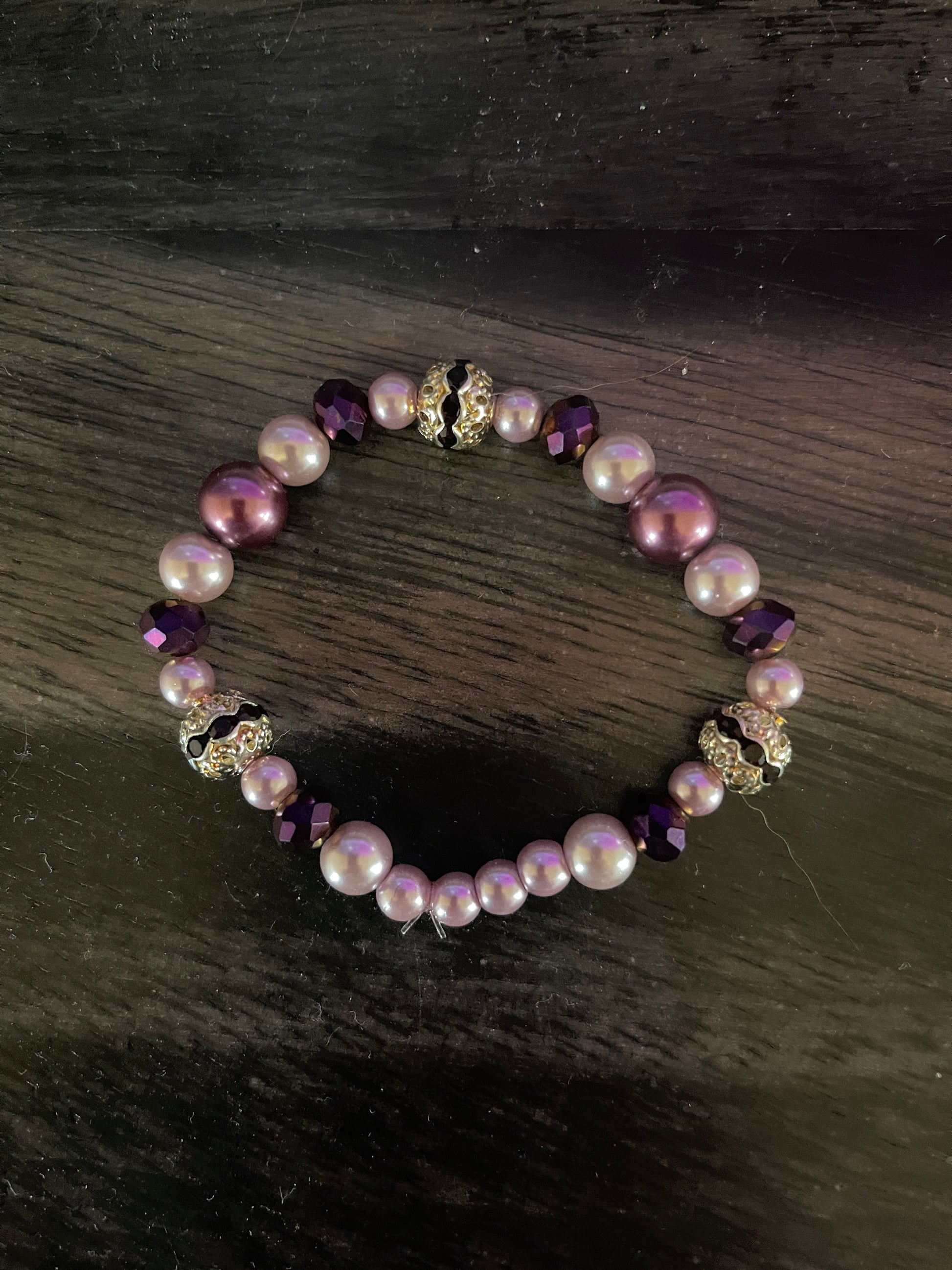 Violet Pearl, Glass &amp; Rhinestone Beaded  Elastic/Stretch BraceletPink tiful of LOVE