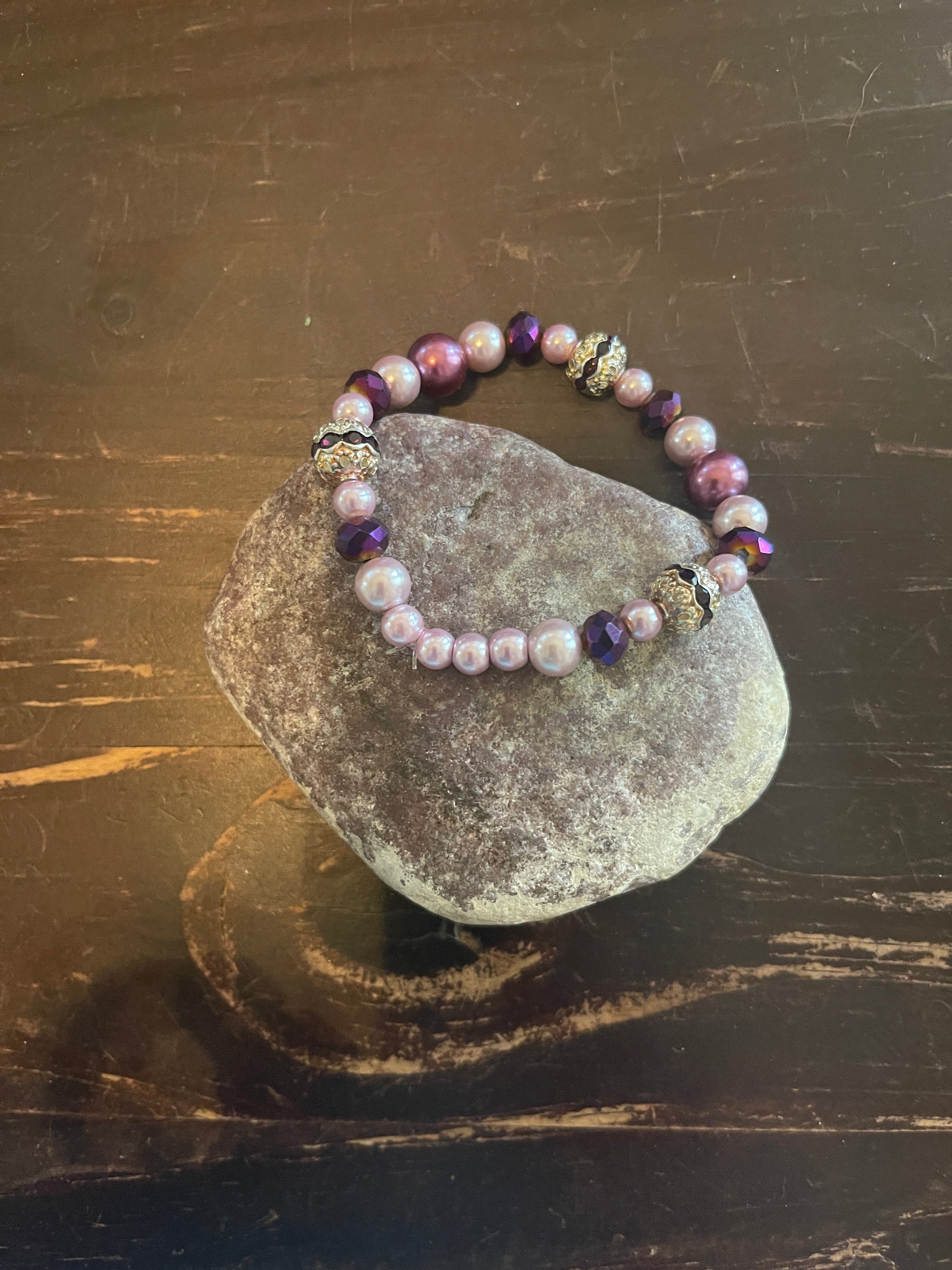 Violet Pearl, Glass &amp; Rhinestone Beaded  Elastic/Stretch BraceletPink tiful of LOVE