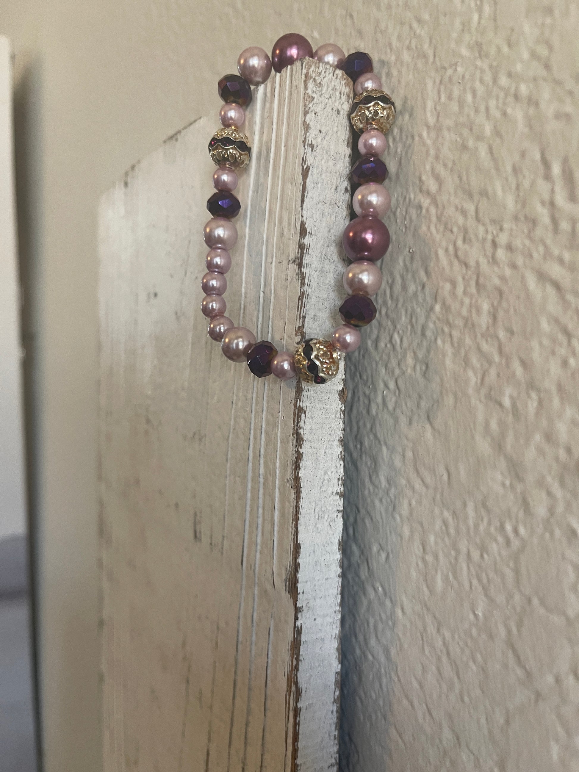 Violet Pearl, Glass &amp; Rhinestone Beaded  Elastic/Stretch BraceletPink tiful of LOVE