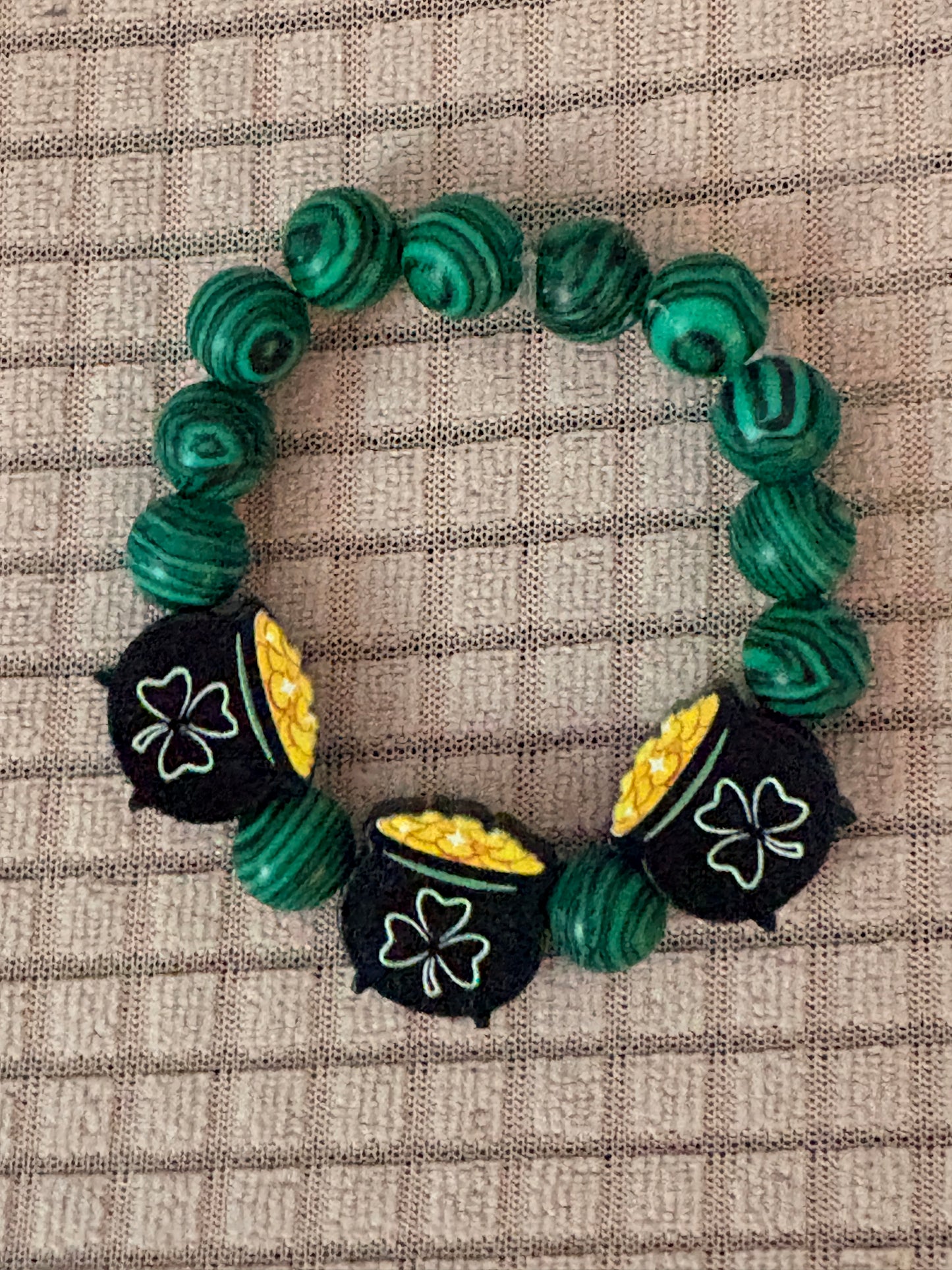 St. Patrick’s Day Pot of Gold Stretch Bracelet -Reconstituted Malachite Beads
