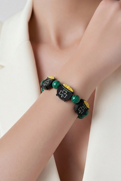 St. Patrick’s Day Pot of Gold Stretch Bracelet -Reconstituted Malachite Beads