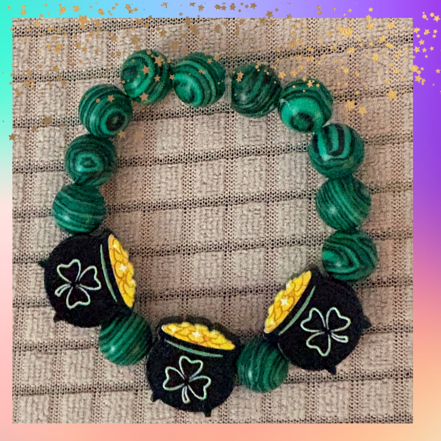 St. Patrick’s Day Pot of Gold Stretch Bracelet -Reconstituted Malachite Beads