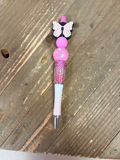 Pink Butterfly Beaded Bling Pen – Rhinestone & Silicone Bead Decorative Pen