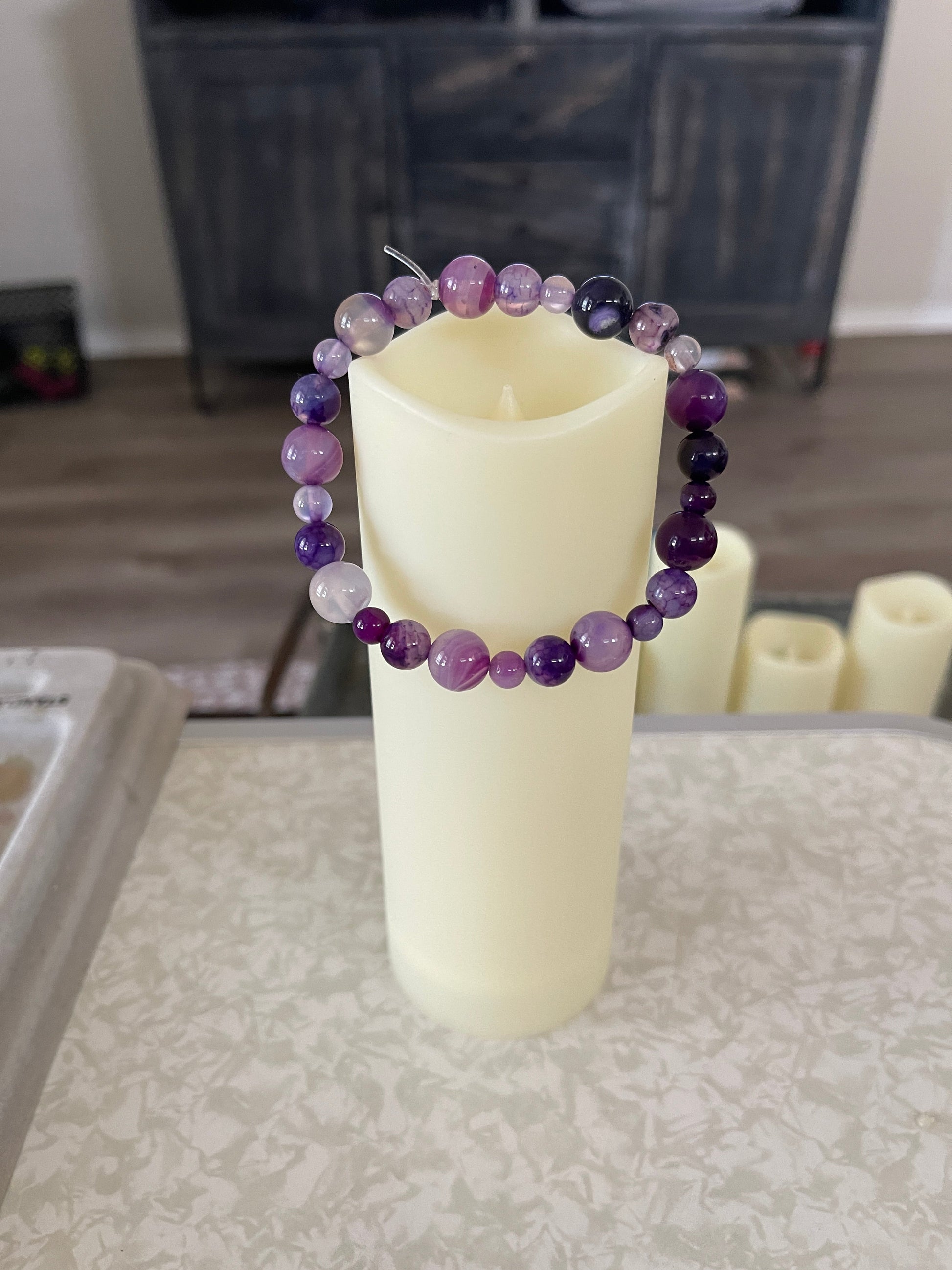 Purple Dyed Round Agate Beaded Elastic/Stretch BraceletPink tiful of LOVE