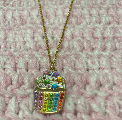 Cupcake Rhinestone pendant on a Gold Chain NecklacePink tiful of LOVE
