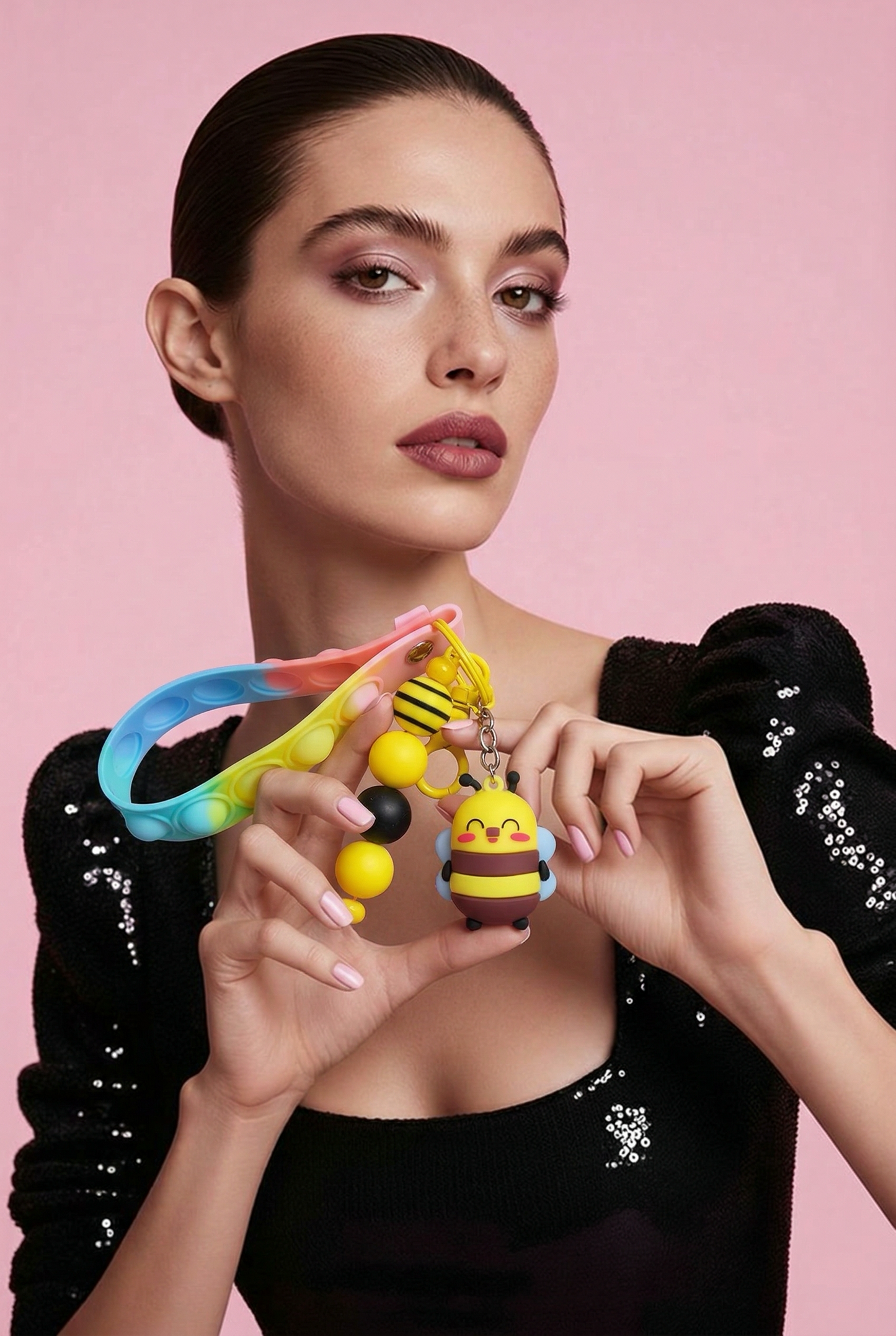 3D Smiling Bumblebee Keychain with Pop It Fidget Wristlet