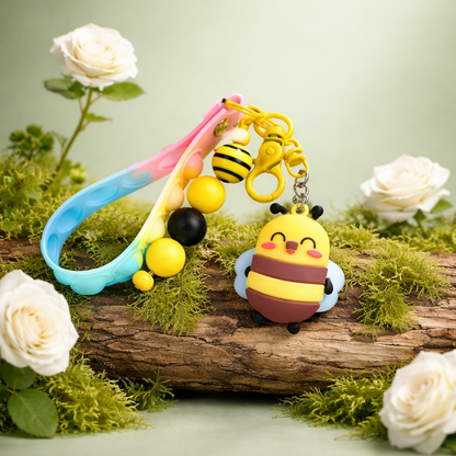 3D Smiling Bumblebee Keychain with Pop It Fidget Wristlet