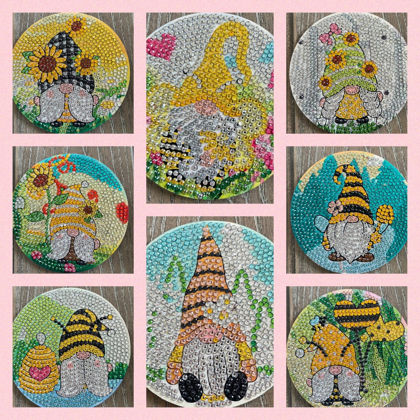 Gnome Coaster Set; diamond painting; Wood &amp; Gemstone CoastersPink tiful of LOVE