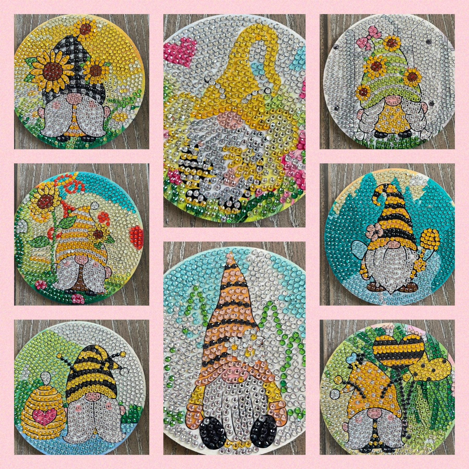 Gnome Coaster Set; diamond painting; Wood &amp; Gemstone CoastersPink tiful of LOVE
