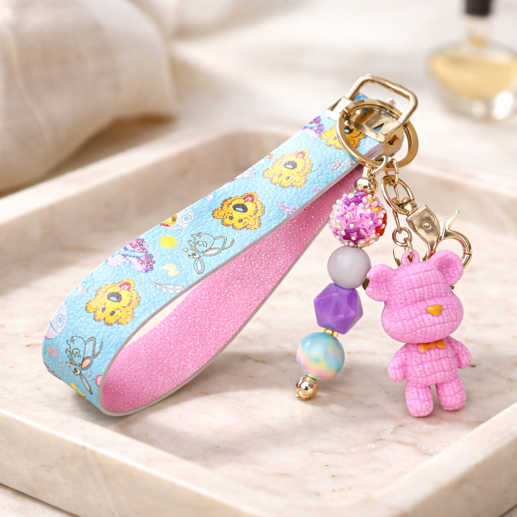 Pastel Pink Bear Wristlet Keychain